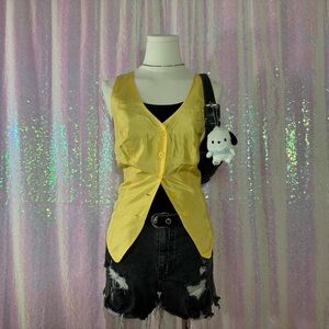 Milano Yellow Silk Button-Up Cross Back Vest Blouse (6) ★彡